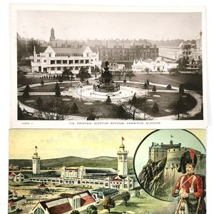 Historische Antiquitäten, antike Postkarten, schottische Nationalausstellung, 1908 Ausstellung, schwarze Uhr, der Brunnen, schottische Geschichte, einzigartig