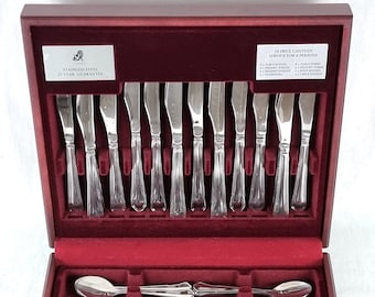 Near Complete, Canteen of Cutlery, Viners Stainless Steel, Spoons Knives Forks, 7 Settings, 56 Pieces, Wooden Case, Elegant Flatware Set