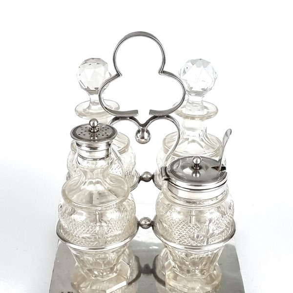 Antique Tableware, Condiment Set, Cruet Set, Glass Bottles, Silver Plate, Four Piece, Set with Stand, Oil and Vinegar, Pepper and Mustard