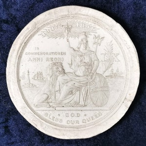 Comemorativo Raro, Molde de Gesso, Molde de Gesso, Rainha Vitória, Jubileu de 1897, Gabinete de Curiosidades, Gesso Vitoriano, Medalhão Grande, Britannia