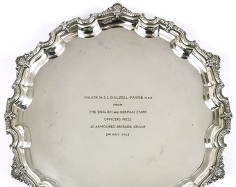 Traditional Tray, Silver Plate, JB Chatterley, Military Presentation, Scroll Feet, 20 Armoured Brigade Group, Dalzell Payne, Historical