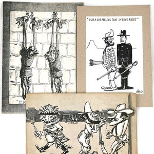 POST GRATUITO - Disegni di cartoni animati vintage, disegni satirici, penna e inchiostro, bianco e nero, Ovest americano, Satire Comical, Cartoni storici