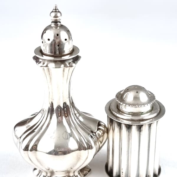 Distressed Look, Small Shakers, Unusual Shapes, Worn Silver Plate, Vertical Grooves, Vintage Tableware, Danish Silver Plate, Decorative