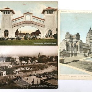 Antike Postkarten, Souvenir-Karten, antike Ephemera, Willow Park Grove Venedig, 1911 Festival des Imperiums Ausstellung, Ausstellung Coloniale 1931