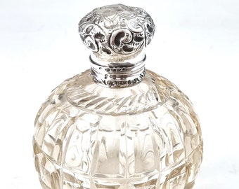 DENTED Top, Antique Perfume Bottle, Scent Bottle, Sterling Top, Hinged Cover, Chester Silver, Victorian Dresser, Floral Scrolls, Unique
