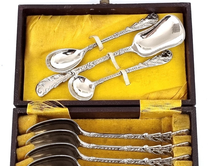 Unusual Flatware, Cased Cutlery Set, Set of Six Teaspoons, Sugar Shovel