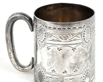 Antique Christening Cup, Worn Silver Plate, Easter 1920, Family History, Repetitive Patterns, Bright Cut, Decorative Antique, Small Cup