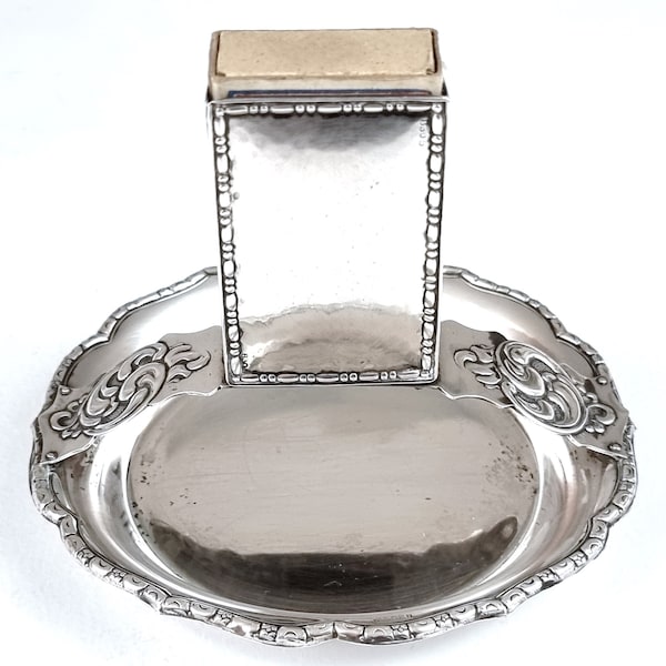 Scarce Silverware, Norwegian Silver, Table Matchbox Holder, Table Ashtray, 830 Silver, Brødrene Lohne, Floral Tableware, Floral Scrolls