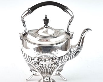 Antique Tea Kettle, Kettle on Stand, Silver Plate, Engraved Presentation, Token of Esteem, Half Ribbed, With Burner, James Dixon, Statement