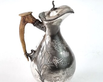 WORN Silver Plate, Antique Ewer, Presentation Antique, Calcutta Golf Club, Antler Handle, Aesthetic Floral, James Dixon, Golf Trophy, 1886