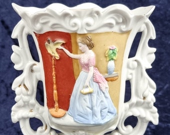 At Fault, Charming Antique Vase, Floral Handles, Young Girl, Parrot Pet, Girl with Parrot, Continental Porcelain, Bouquet Display, Unique