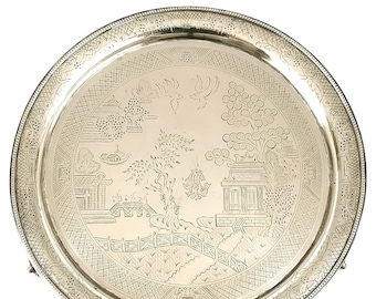 Extremely Rare Antique, Worn Silver Plate, Chinoiserie, Willow Pattern, William Suckling, Victorian Salver, Old Tray, Oriental Pattern, Fine