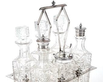 Striking Antique, Cruet Set, Condiment Set, Silver Plate, Six Piece Glass, Table Center, James Dixon, Cayenne Pepper, Salt Pepper, Beautiful
