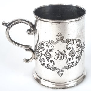 Antique Christening Cup, Miniature Tankard, Silver Plate, Floral Decals, Engraved Initials, Victorian Home, Family Heirloom, Decorative Cup
