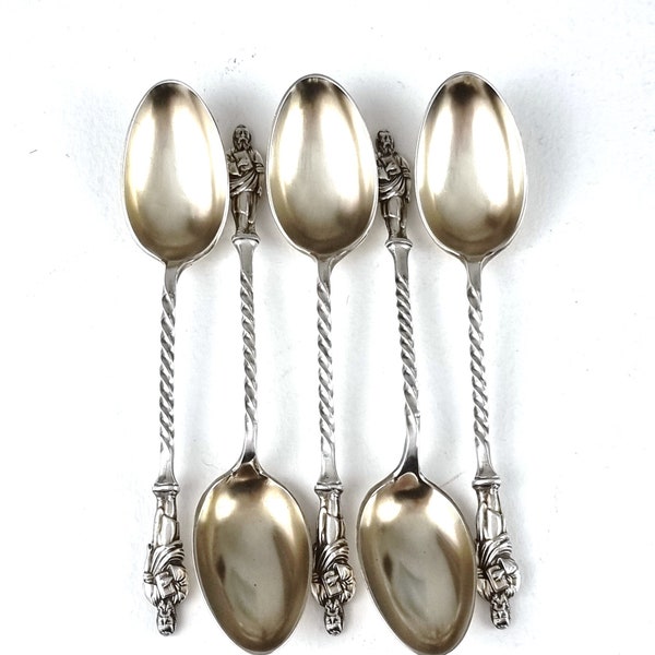 Antique Spoon Set, Set of Five, Coffee Spoons, Silver Plate, Apostle Figure, Once Gilded Bowls, Spiral Twist, 4 1/2 Inches, Religious Figure