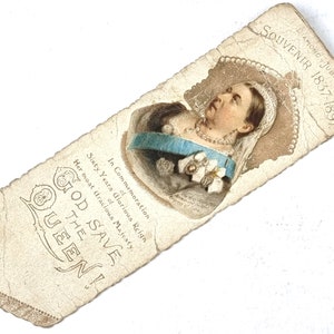 Segnalibro di carta antica, Queen Victoria, Giubileo del 1897, Inno nazionale, Raphael Tuck, Ephemera vittoriana, Lungo 5 1/2 pollici, Commemorativo