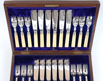 Notable Faults, Antique Cutlery Set, Wooden Canteen, Fish Eaters, Knives and Forks, Silver Plate, Floral Scrolls, Victorian Home, Additions