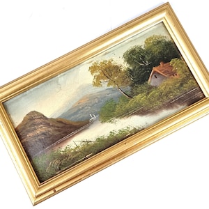 Antik Landschaft, Öl auf Brett, Lakeland Ansicht, Vintage Rahmen, Wandbehang, Verzogene Karte, Distressed Look, Cottage Chic, Bunt