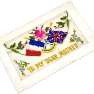 Carte postale en soie antique, Première Guerre mondiale, À ma chère mère, Enveloppe de soie, éphémère Français, drapeaux alliés, Grande-Bretagne et France, Rose rose
