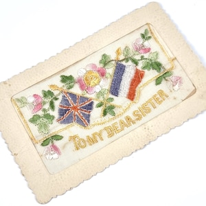 Carte postale en soie antique, Première Guerre mondiale, À ma chère sœur, Enveloppe de soie, Français Éphémère, Grande-Bretagne et France, Forces alliées, Historique