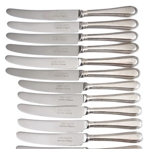 Two Sets of Knives, Six and Six, Dessert Knives, Table Knives, Arthur Price, Stainless Steel, Silver Plate, Bead Pattern, John Mason, Unique