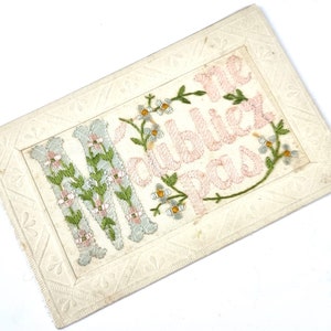 Eerste Wereldoorlog, Zijden Ansichtkaart, Ne M'oubliez Pas, Vergeet me niet, Vergeet me niet bloemen, pastelkleuren, Franse ephemera, Grote Oorlog Kaart