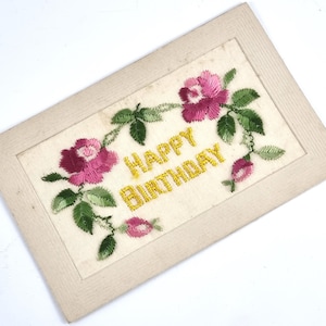 WWI zijden ansichtkaart, gelukkige verjaardag, Franse Ephemera, Eerste Wereldoorlog, lege ansichtkaart, roze rozen, sentimentele gedachte, bloemen papierwerk