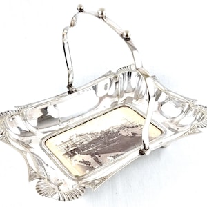 Unusual Antique, Souvenir Basket, Worn Silver Plate, Photo Center, Beveled Glass, English Coast, Swing Handle, Ball Feet, Rectangular Basket