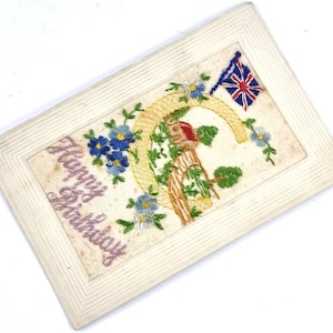Antiquité historique, Carte postale en soie, Première Guerre mondiale, Joyeux anniversaire, Scène de village, Salutation colorée, Forget me Nots, Carte florale, Unique