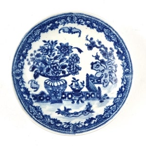Antique Worcester, Saucer Bowl, Blue and White, Small Bowl, 18th Century, Bat Pattern, Bat and Vase, Floral Tableware, Crescent Mark, Unique