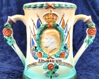 RARE Commemorative, Large Loving Cup, Edward VIII, 1937 Coronation, Abdicated King, Colorful Cup, Art Deco, Two Handled, Floral Handles