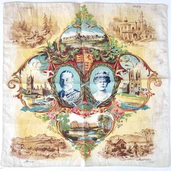 Vintage Handkerchief, Royal Commemorative, 1935 Jubilee, George V, Queen Mary, Cotton Handkerchief, Art Deco, Royal Residences, British