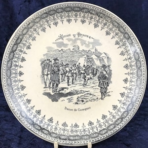 Historical Dessert Plate, Black and White, Choisy le Roi, French Ceramics, Voyage en Russie, Journey in Russia, Danse de Cosaques, Military