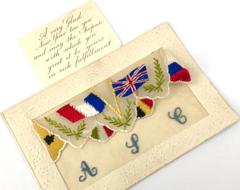 FREE POST - First World War Silk Card, WW1 Memorabilia, Colorful Silk Card, Allied Flags, AFC, Flying Corps, Silk Envelope with Greeting