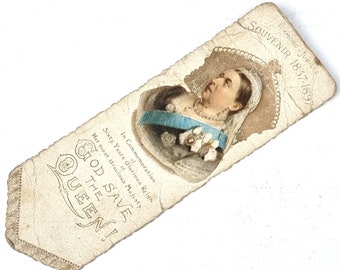 Marcador de papel antiguo, reina Victoria, jubileo de 1897, himno nacional, Raphael Tuck, efímera victoriana, 5 1/2 pulgadas de largo, conmemorativo