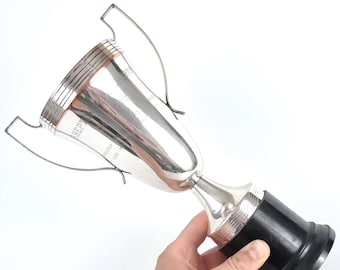 Striking Trophy Cup, Large Trophy, Silver Plate, Shepton Mallet, Breeders Cup, Art Deco Style, Black Base, 10 3/4 Inches, Home Furnishing