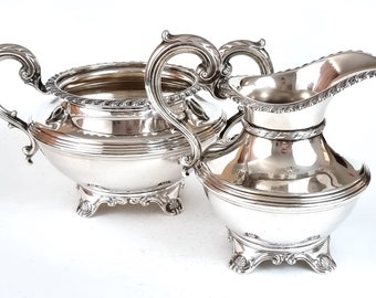 Striking Tableware, Sugar Bowl and Creamer, Sugar and Jug, Silver Plate, Shell Pattern Feet, Feathered Handles, Elegant Teaware, Victorian