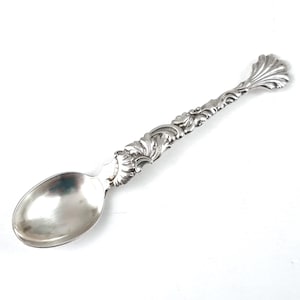 SMALL Silver Spoon, 4 1/8 Inches Length, George Shiebler, New York Silverware, Shell Top, Floral Scroll Pattern, Demitasse Spoon, Elegant