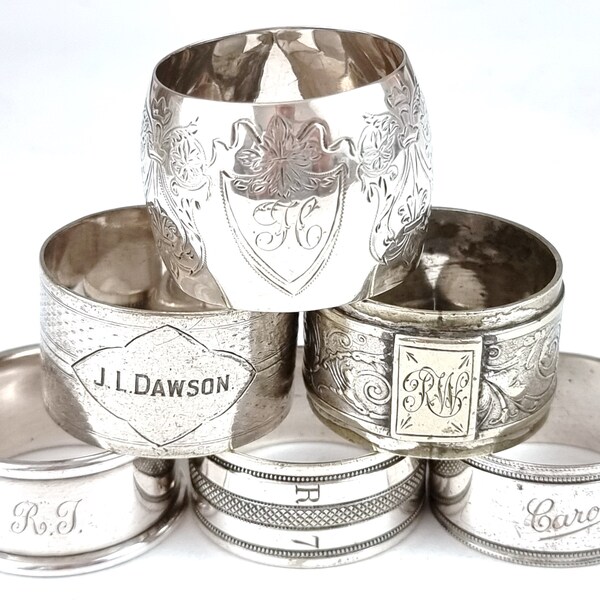 Napkin Ring Job Lot, Set of Six, Silver Plate, Engraved Names, Engine Pattern, Floral Tableware, Christmas Additions, Table Feature, Unique