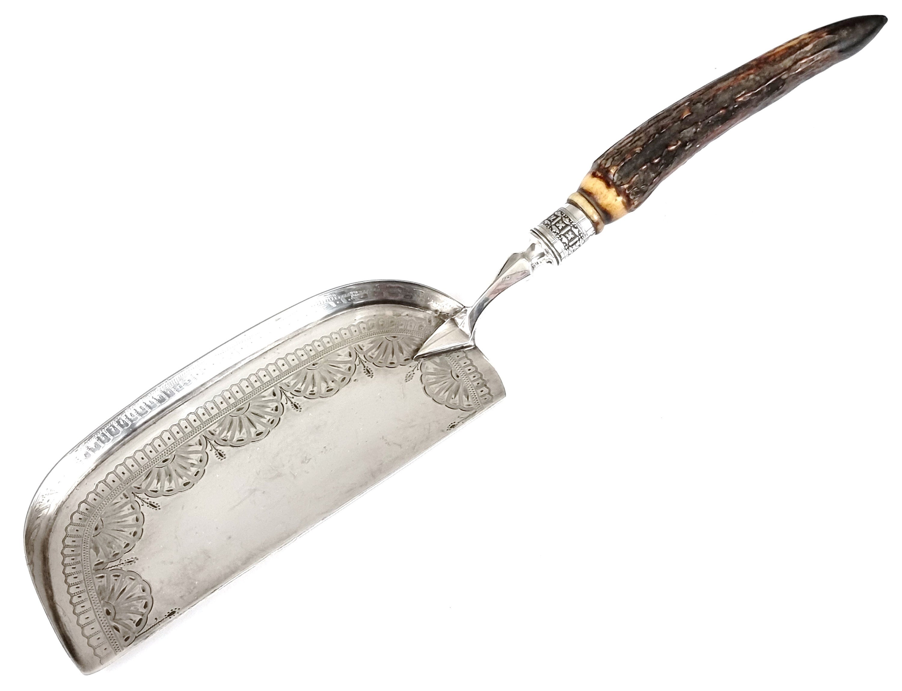 Striking Antique, Crumb Scoop, Silver Plate, Antler Handle, Repetitive Pattern, Victorian Taxidermy, Table Feature, Dining Room, Dinnerware