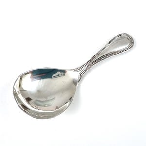 May include: A polished silver-toned serving spoon with a wide, rounded bowl and a short, sturdy handle. The handle features a decorative beaded border along its edges, providing a textured contrast to the smooth, reflective surface of the bowl.