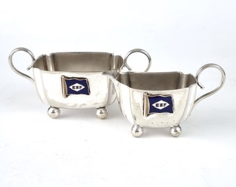 SMALL Bowl and Jug, WORN Silver Plate, Edlers and Fyffes, Bachelor Size, Sugar Bowl, Miniature Creamer, Enameled Badge, Shipping Souvenir