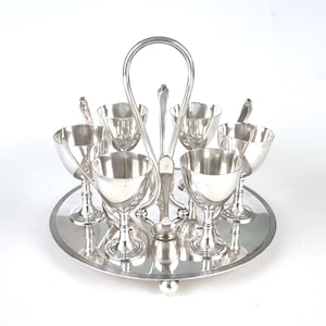 Antique Egg Cruet Set, Six Egg Cups, Handled Stand, Later Spoons, Silver Plate, Plain Tableware, Table Feature, Breakfast Theme, Stylish