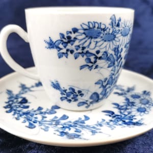 Antique Cup and Saucer, Seto Porcelain, Late Meiji Period, Blue and White, Floral Spray, Floral and Insect, Small Size, Cabinet Duo, Japan