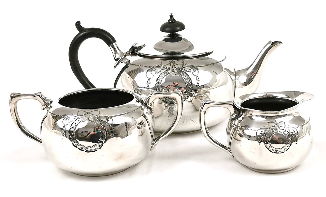 Decorative Tea Set, Three Piece Set, Silver Plate, Ebonised Handle