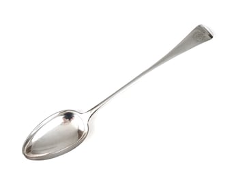 DUŻA łyżka, łyżka do polewania, łyżka do serwowania, antyczny srebrny talerz, grawerowany monogram, długość 12 3/4 cala, cecha stołu, sztućce do serwowania