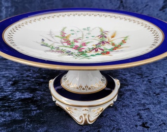 Stunning Antique Tazza, Compote, Table Serving, Cobalt Blue Rim, Pedestal Base, Colorful Floral Spray, Garden Flowers, Victorian Stand