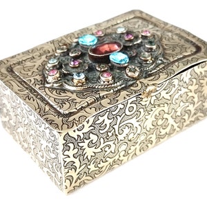Small Brass Box, Trinket Box, Czech Made, Floral Scrolls, Paste Gem Top, Dresser Table, Floral Addition, Keepsake Box, Decorative Brass