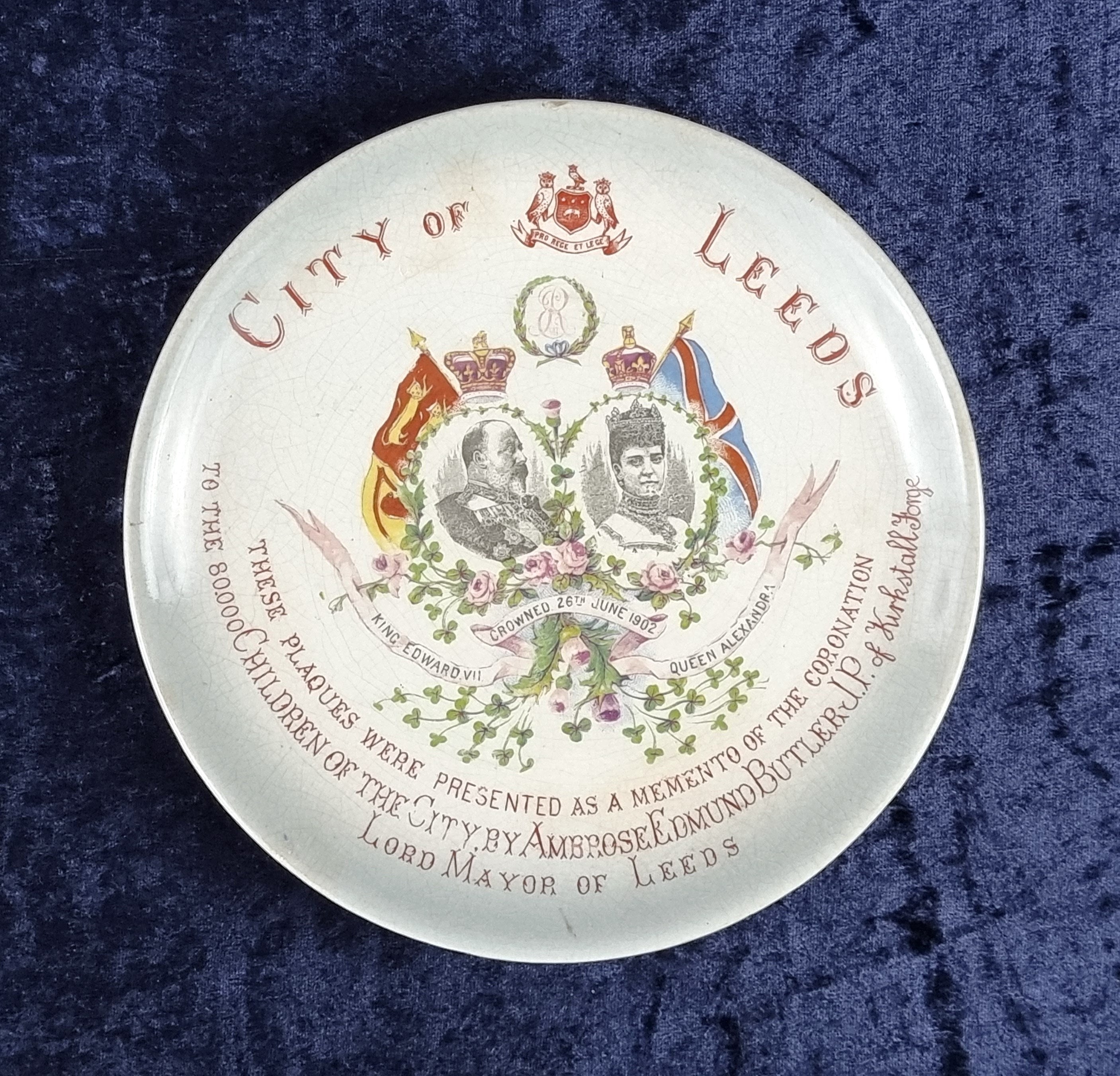Small Antique Charger, Small Wall Hanging, Commemorative Dish, City of Leeds, 1902 Coronation, Edward VII, Presentation Plaque, Historical