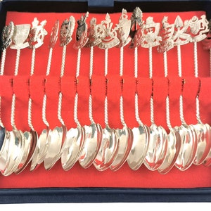 Unique Set of Spoons, Fifteen Souvenir Spoons, Silver Flatware, Boxed Spoon Set, Coffee Spoons, East Asia, Afternoon Tea, Demitasse Spoons
